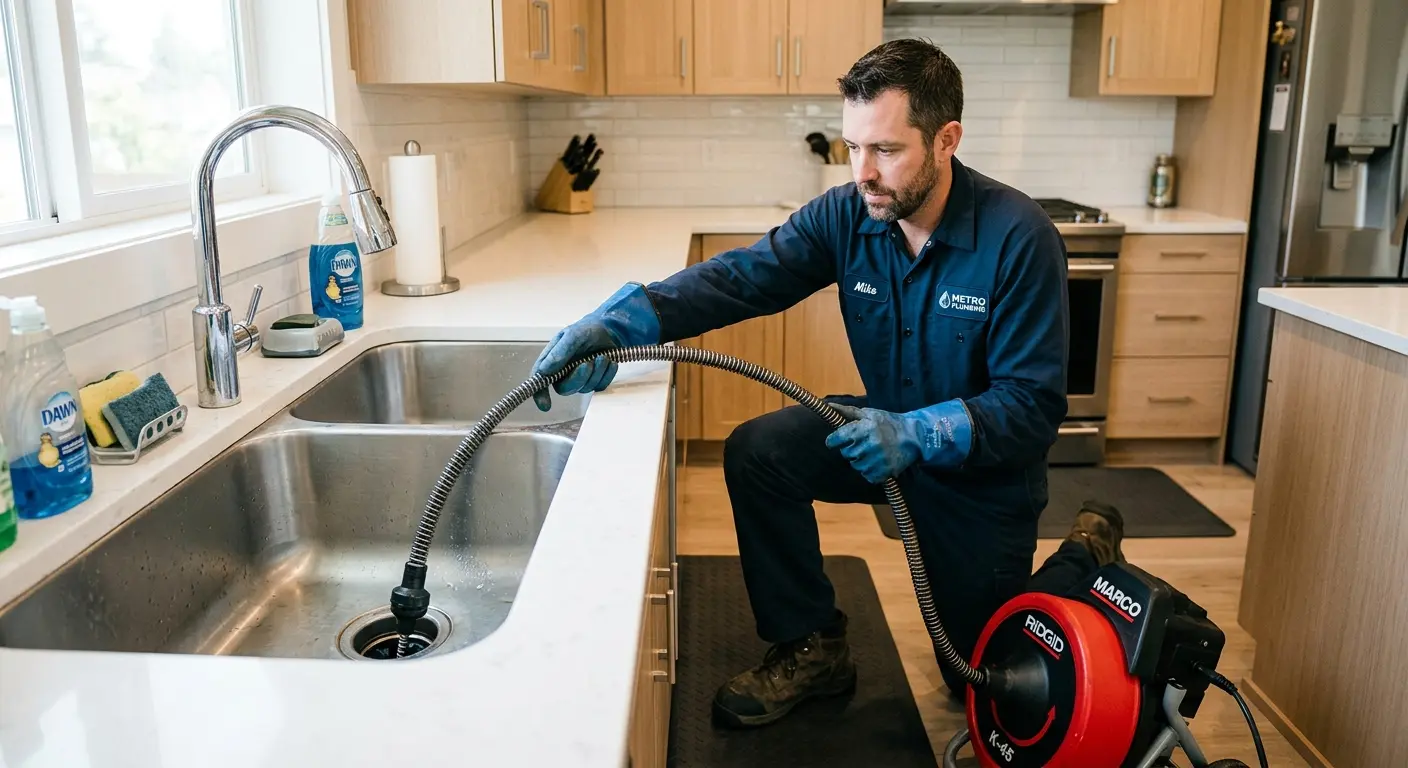 Drain cleaning technician using a motorized snake on a kitchen sink in Gaines