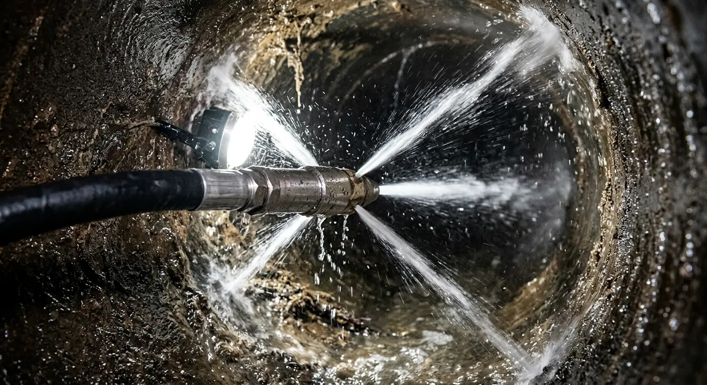 High-pressure hydro jetting nozzle cleaning sewer pipe for Emergency Drain Service in Gaines