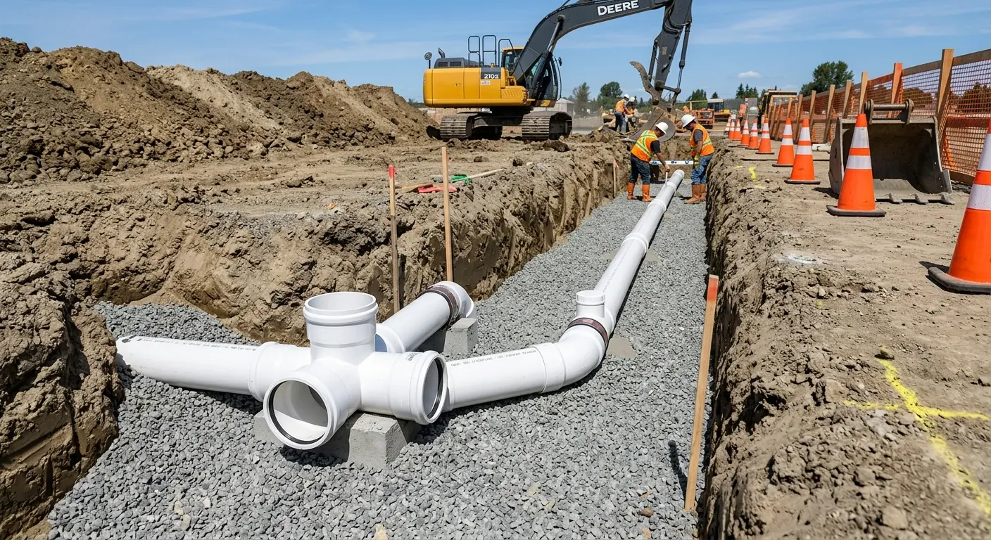 New PVC sewer pipe installation in open trench for Commercial Drain Cleaning in Gaines