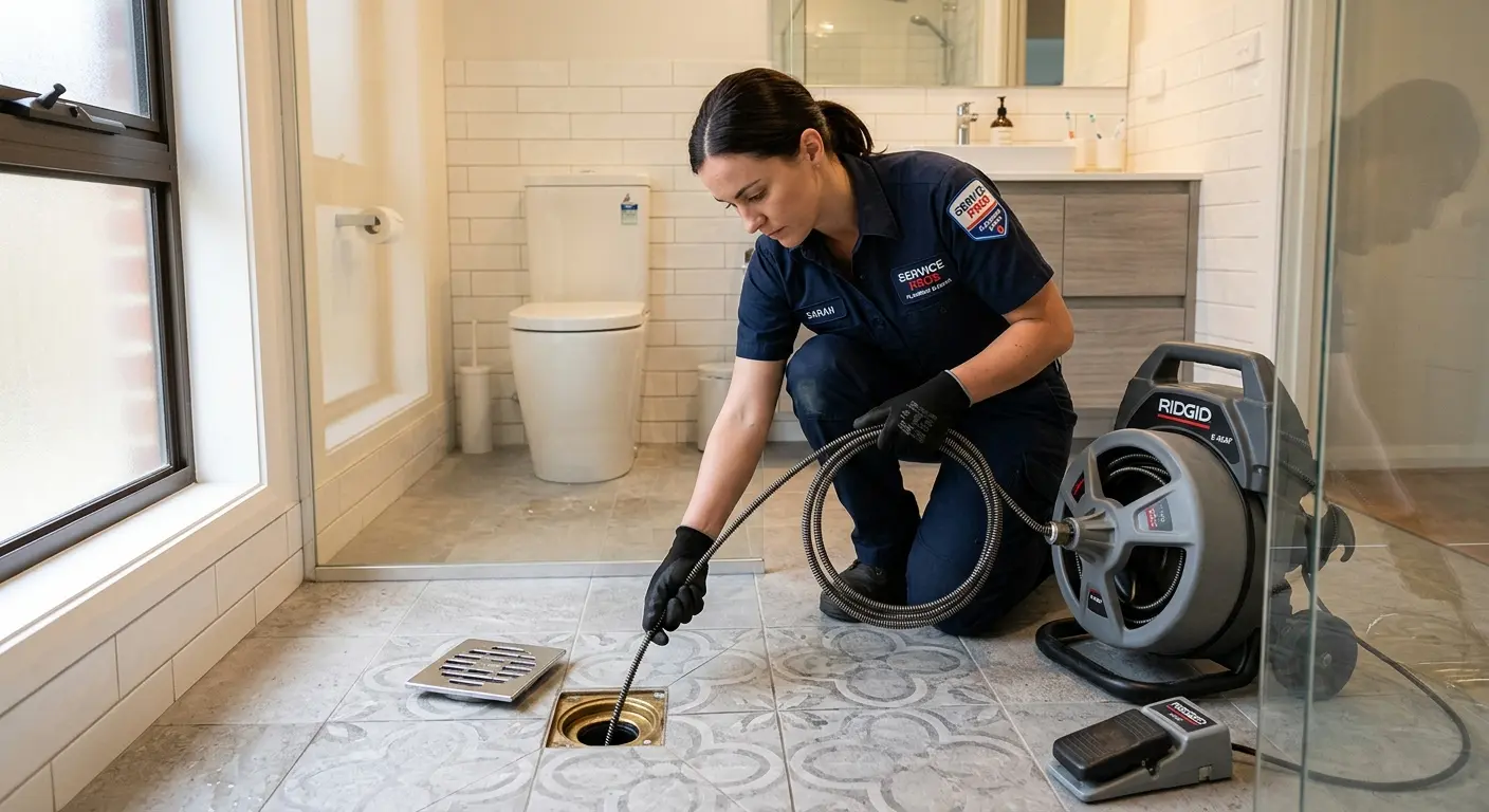Technician clearing a bathroom floor drain for Sewer Line Installation in Gaines